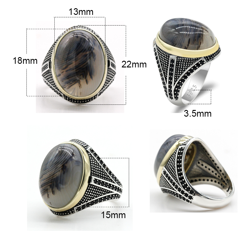 Turkey Mens Ring with Big Natural Agate Stone 925 Sterling Silver Vintage Aqeeq Male Ring Turkish Jewelry Birthday Party Gift