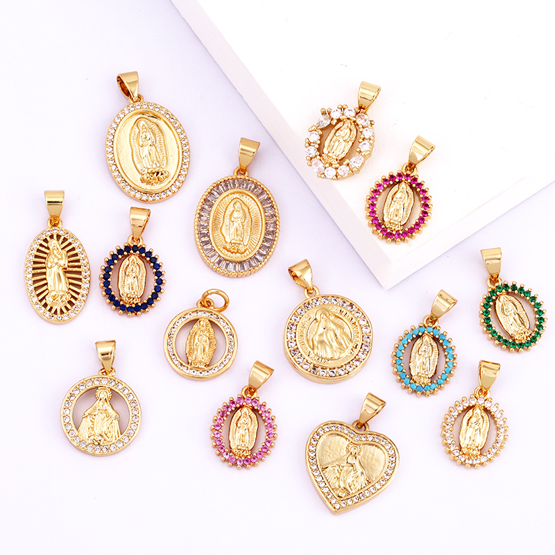 Medal Charm Oval Heart Round Pendan,Colour CZ Paved,Real Gold Plated ,Necklace Bracelet Making Finding Supplies K11