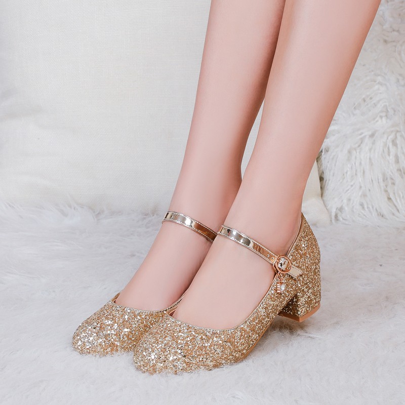 Sweet Girls Performance Party Sequin Fairy Shoes Pink Gold Silver Red Round Toe Middle Heels Wedding Mary Jane Pumps Size 34-43