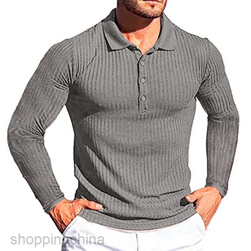 Men Polos Shirts Summer Sports Fitness Leisure Stand up Neck Elastic Vertical Stripe Long sleeved POLO Shirt for Men tops