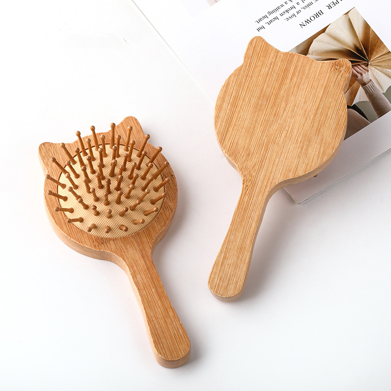 Portable Toddler Girl Hairbrush Small Cartoon Cat Air Cushion Comb for Kids Girl Bamboo wood Comb Hair Care Tool J381