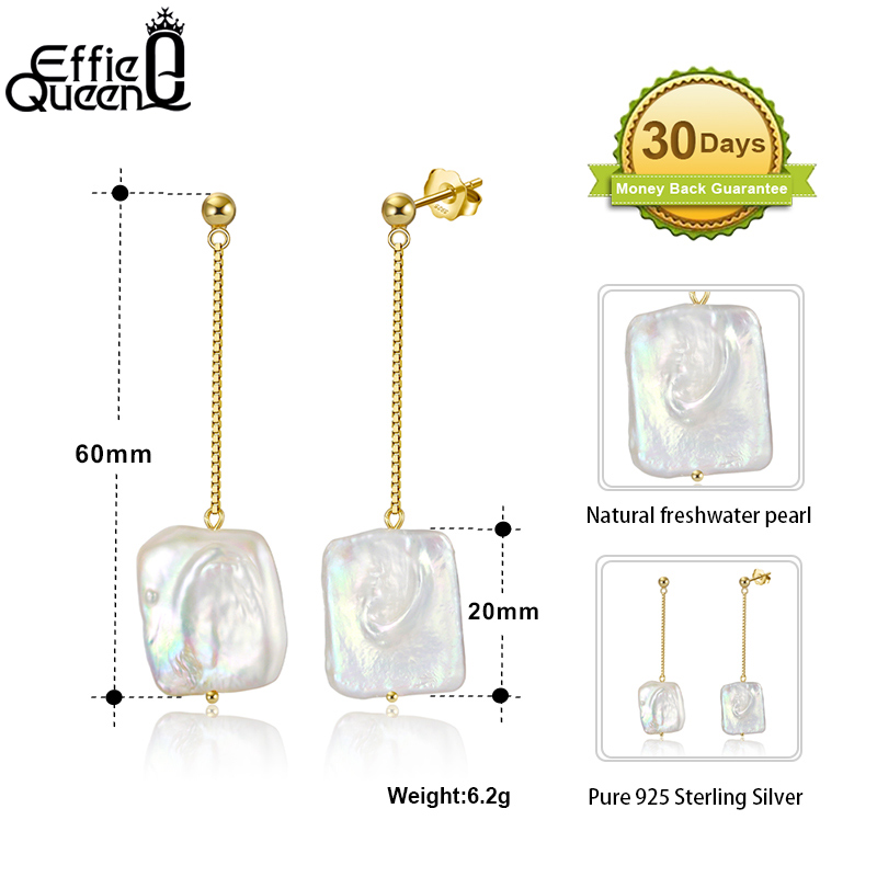 Effie Queen Retro Baroque Freshwater Cultured Pearl Earrings 925 Silver 14K Gold Plated Long Line Drop Earring for Women GPE05