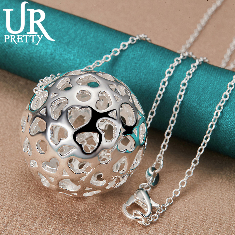 URPRETTY 925 Sterling Silver Hollow Exquisite Ball Pendant Necklace 16/18/20/22/24/26/28/30 Inch Snake Chain For Woman Jewelry