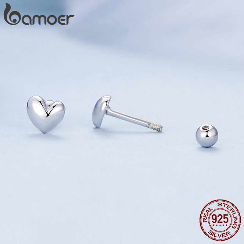Bamoer 925 Sterling Silver Mini Heart Stud Earrings Platinum Plated Simple Earrings for Women Sweet Fine Jewelry Gift