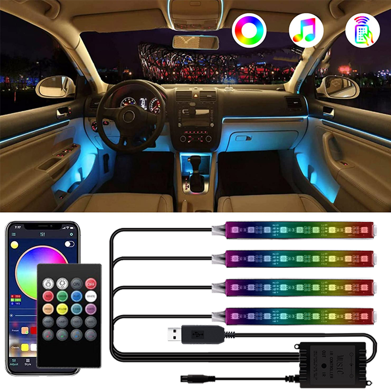 Car USB LED Interior Atmosphere Decorative Lights Foot Lamps 48LED RGB 12V 5V Strip APP Remote Music Voice Sound Control Mode
