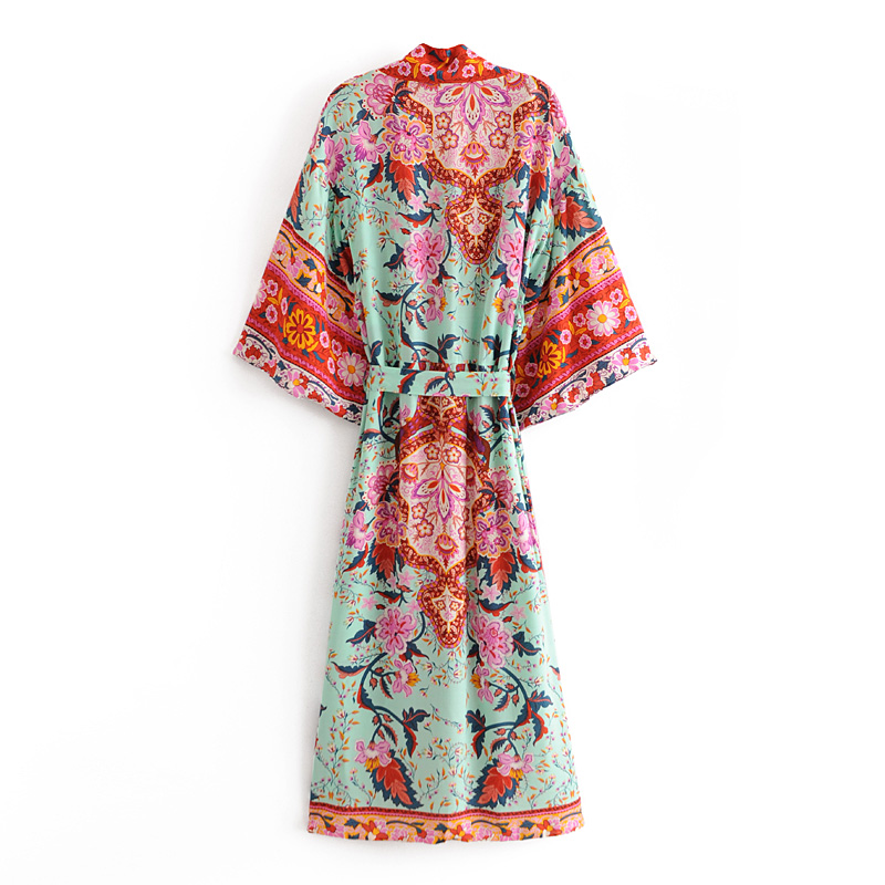 Happie Queens Women Green Peacock Print Bat Sleeve Beach Bohemian Kimono Robe Ladies V Neck Boho Bikini Cover-ups
