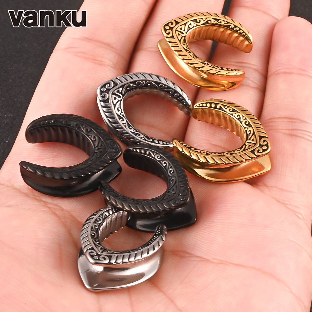 Vanku 2pcs Antique Vintage Ear Flesh Tunnel Expander Gauge Hollow Plugs Stretcher Half Arc Shape Tunnel Plugs Piercing Jewelry