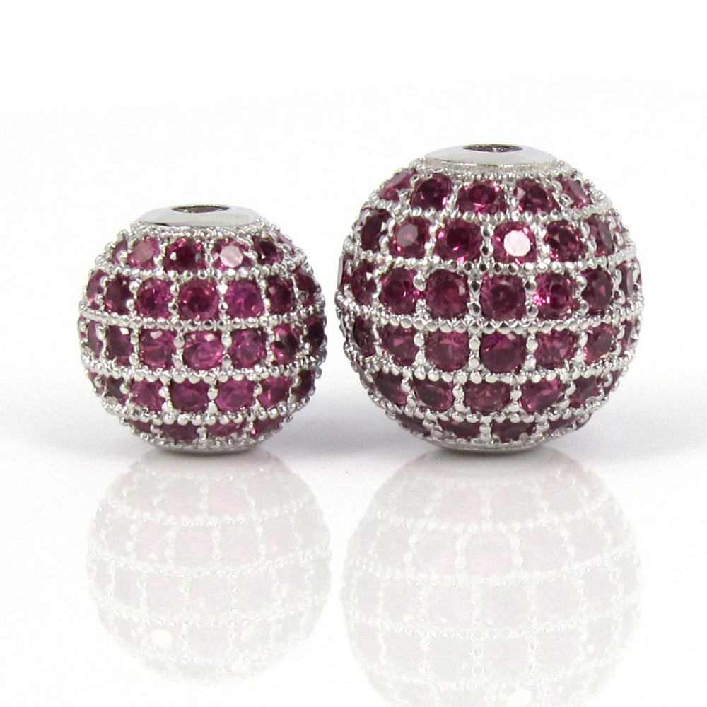 6mm 8mm 10mm 12mm Mixed Gold Silver Black Color & Micro Pave Fuchsia CZ Metal Round Bead For Bracelets Making Jewelry DIY Beads