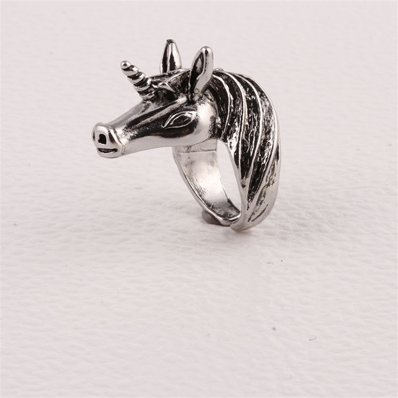 1PC European And American Men's Retro Animal Unicorn Horse Head Ring Opening Adjustable Alloy Ring Banquet Party Jewelry Gift