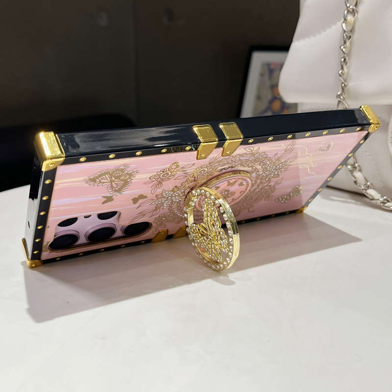 Glitter Butterfly Foldable Stand Kickstand Aurora Bling Square Phone Case For Samsung S24 FE S23 Ultra S22 S21 A05 A05S A15 A35 A55 A14 A34 A54 A13 A3