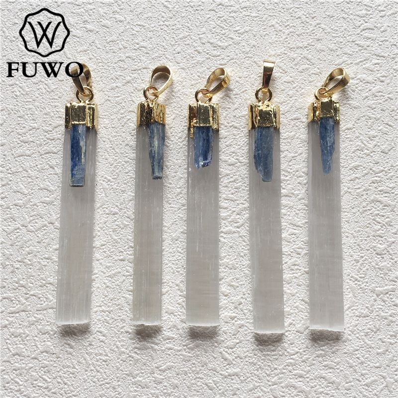 FUWO Wholesale Natural Selenite Pendant,Golden Plated Crystal Accessories For Women Jewelry Making 5Pieces/Lot PD289