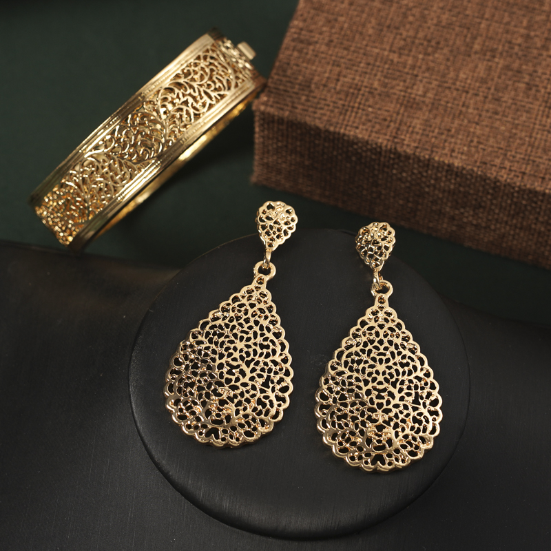 Gold Plated Bracelet Arabic Earrings Pendant Middle Eastern Women's Leaf Hollow Flower Drop Earrings Arabic Jewelry Bridal Gift