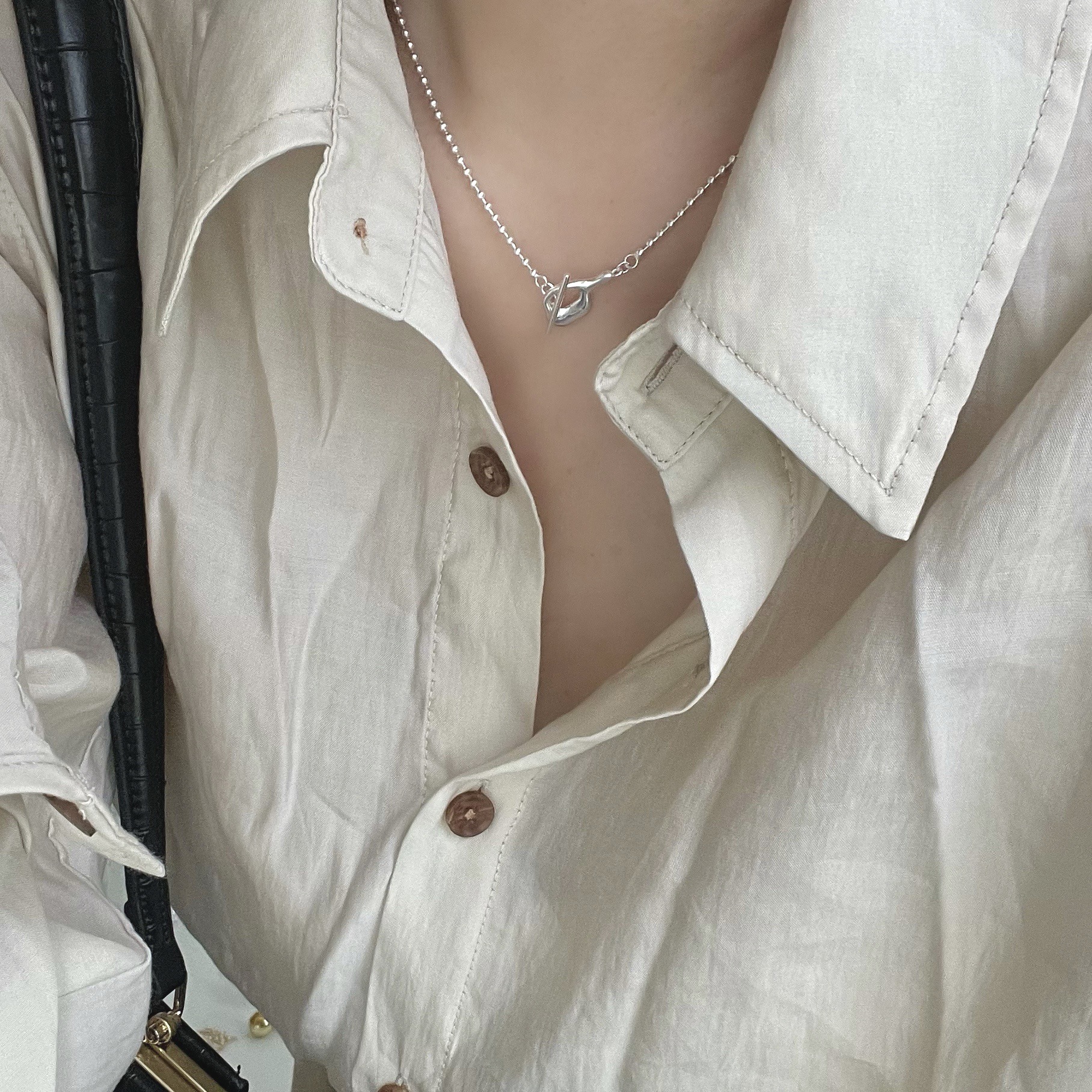 SHANICE 925 Sterling Silver Bead Chain Choker Necklace Irregular O T Hasp Clavicle Chain Necklace for Women 925 Simple Jewelry