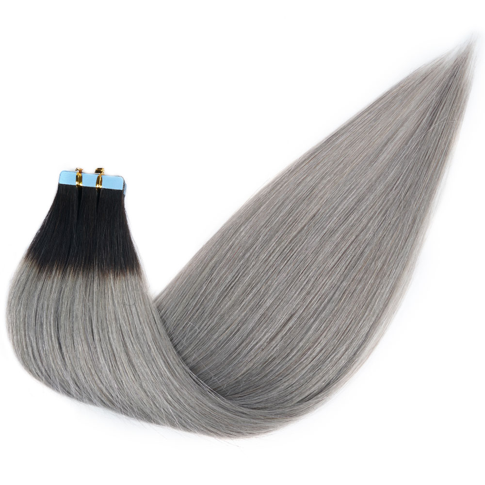 Veravicky Ombre T1B-Grey Color Tape in Hair Extensions 50G 20pcs 100% Real Remy Human Hair Black Rooted to Grey 14 to 24inch