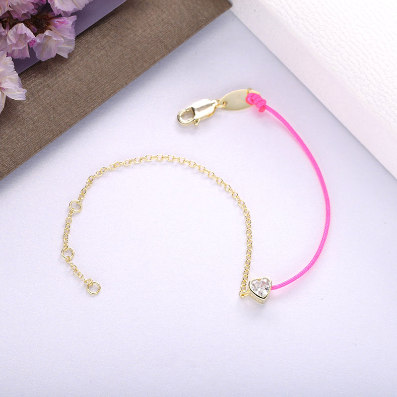 Moonmory 100% 925 Sterling Silver Pink Blue String Heart Crystal Bracelet For Women Half Golden Chain Half Rope Jewelry 0.8mm