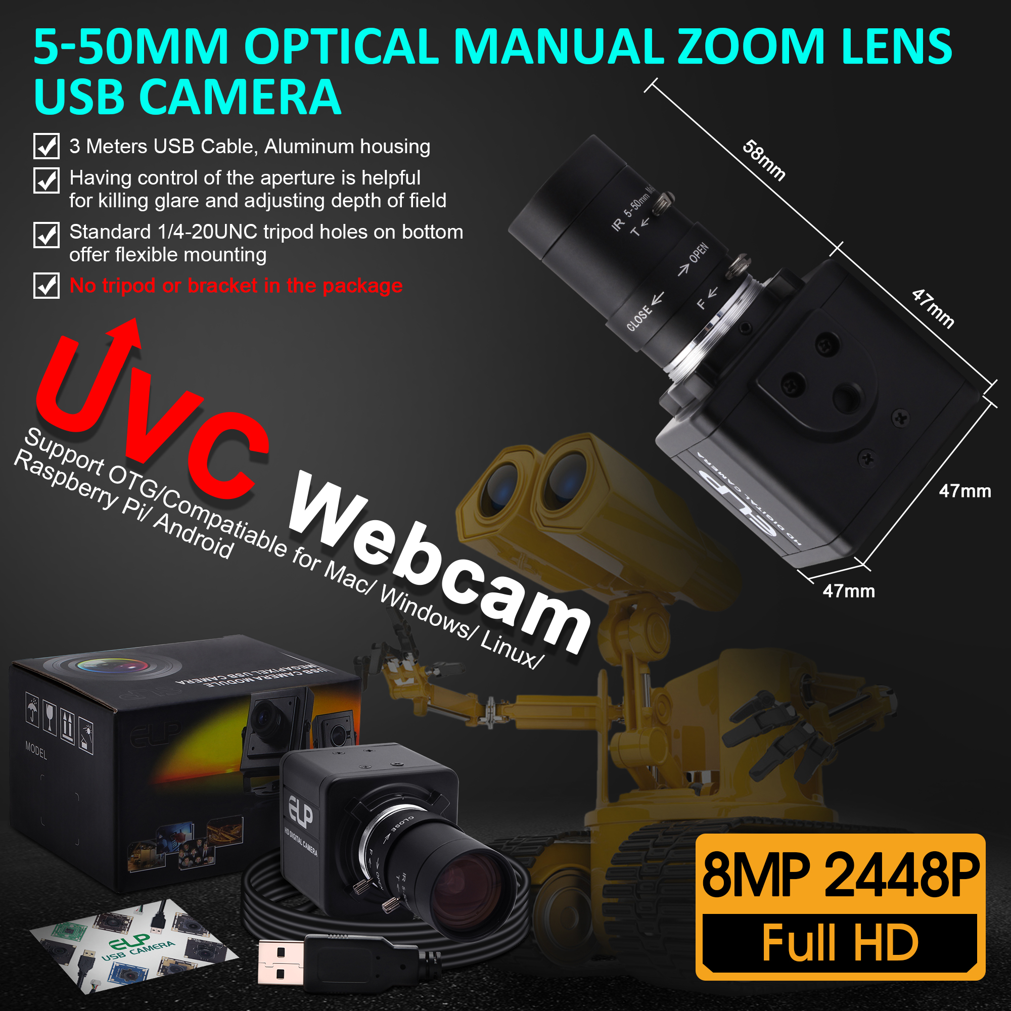 8Megapixel CCTV Varifocal 5-50mm Lens IMX179 PC Web Cam Windows,Android,Linux Raspberry Pi PC Webcam 8mp Mini USB Camera