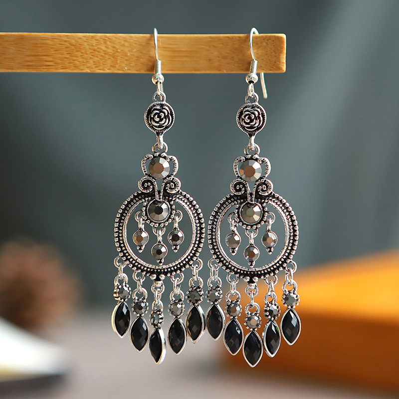 Bohemian Vintage Round Water Drop Tassel Dangle Earrings for Women Ethnic Long Rhinestone Hollow Hanging Earrings Party Jewelry