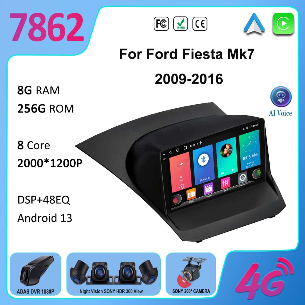7862 CPU Android 13 Car Radio For Ford Fiesta Mk7 2009-2016 Multimedia Player NO 2din Carplay HDR QLED Screen Stereo Head Unit