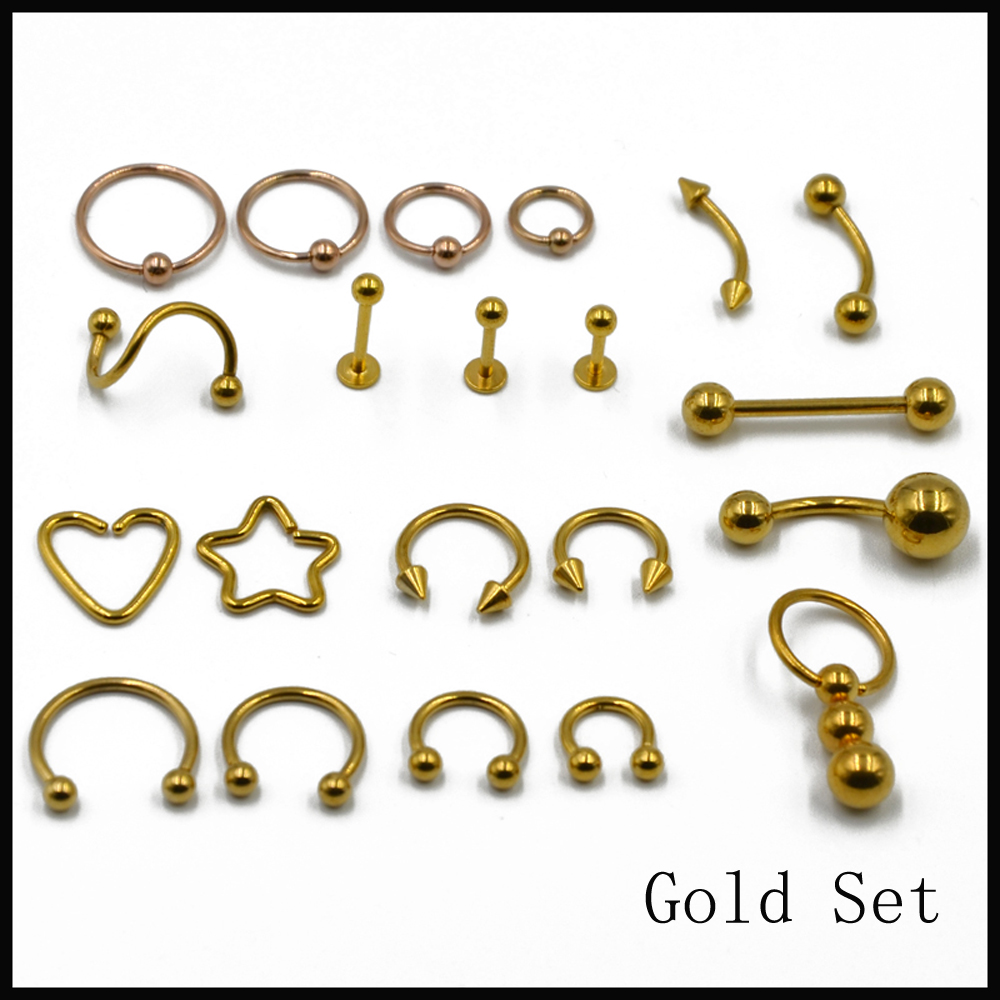 21 Pcs Horseshoe Circular Bead Closer Ring Tongue Barbell Ear Cartilage Tragus Belly Navel Labret Ring Set Body Piercing Jewelry