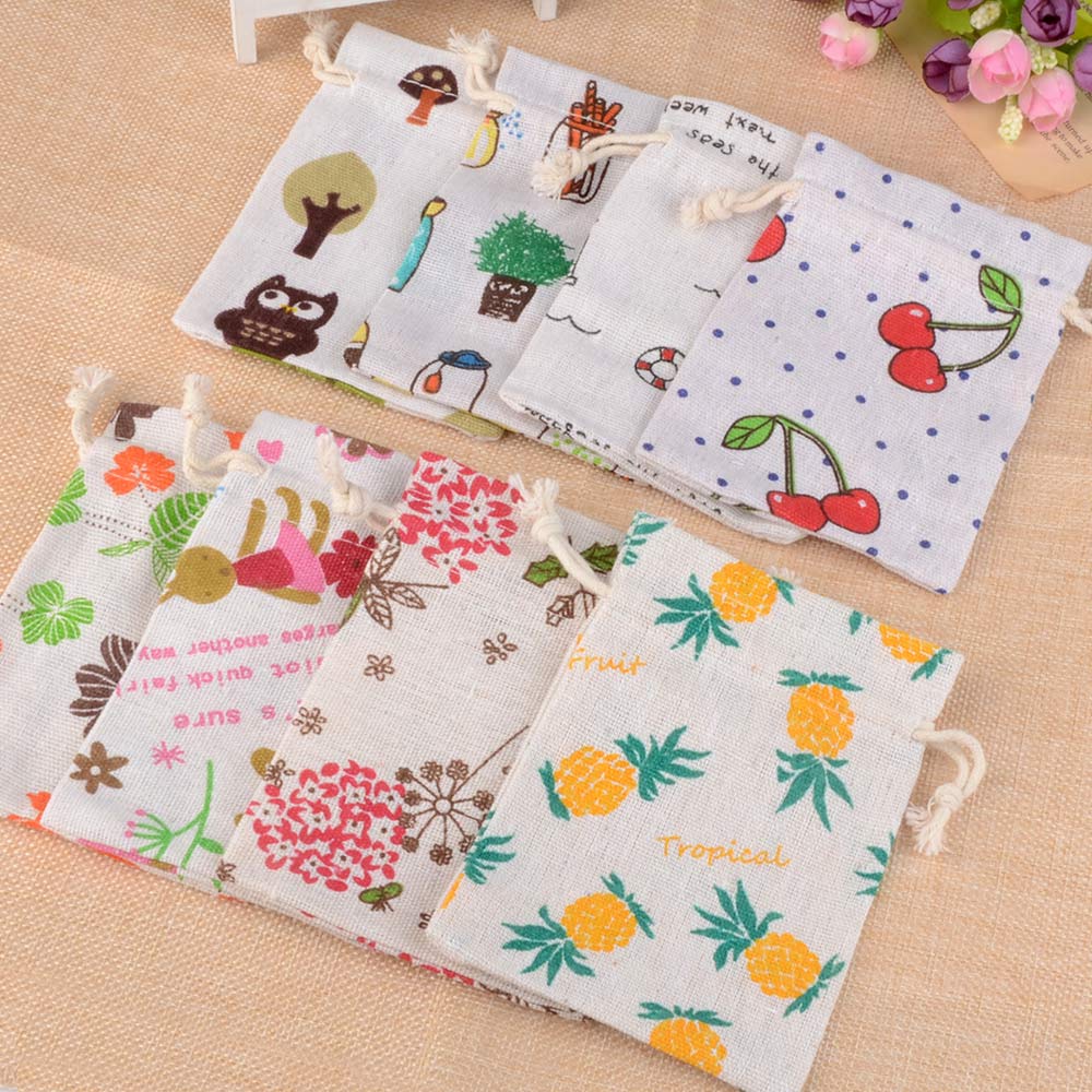 5/10pcs/lot Lovely Pattern Burlap Gift Bag Jewelry Drawstring Pouch For Jewelry Packaging Christmas Wedding Gift Candy Bags