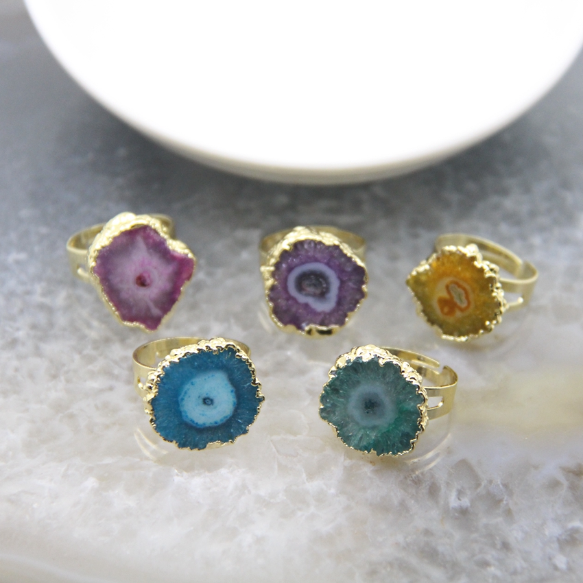 Natural Druzy Solar Quartz Adjustable Golded Women Finger Ring 5 Colors Sun Flower Reiki Heal Drusy Crystal Geode Rings Jewelry