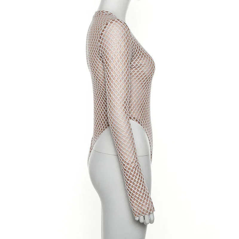 Bangniweigou fishnet mesh rompers women slit long sleeve semi-transparent bodysuit short jumpsuit overalls autumn winter