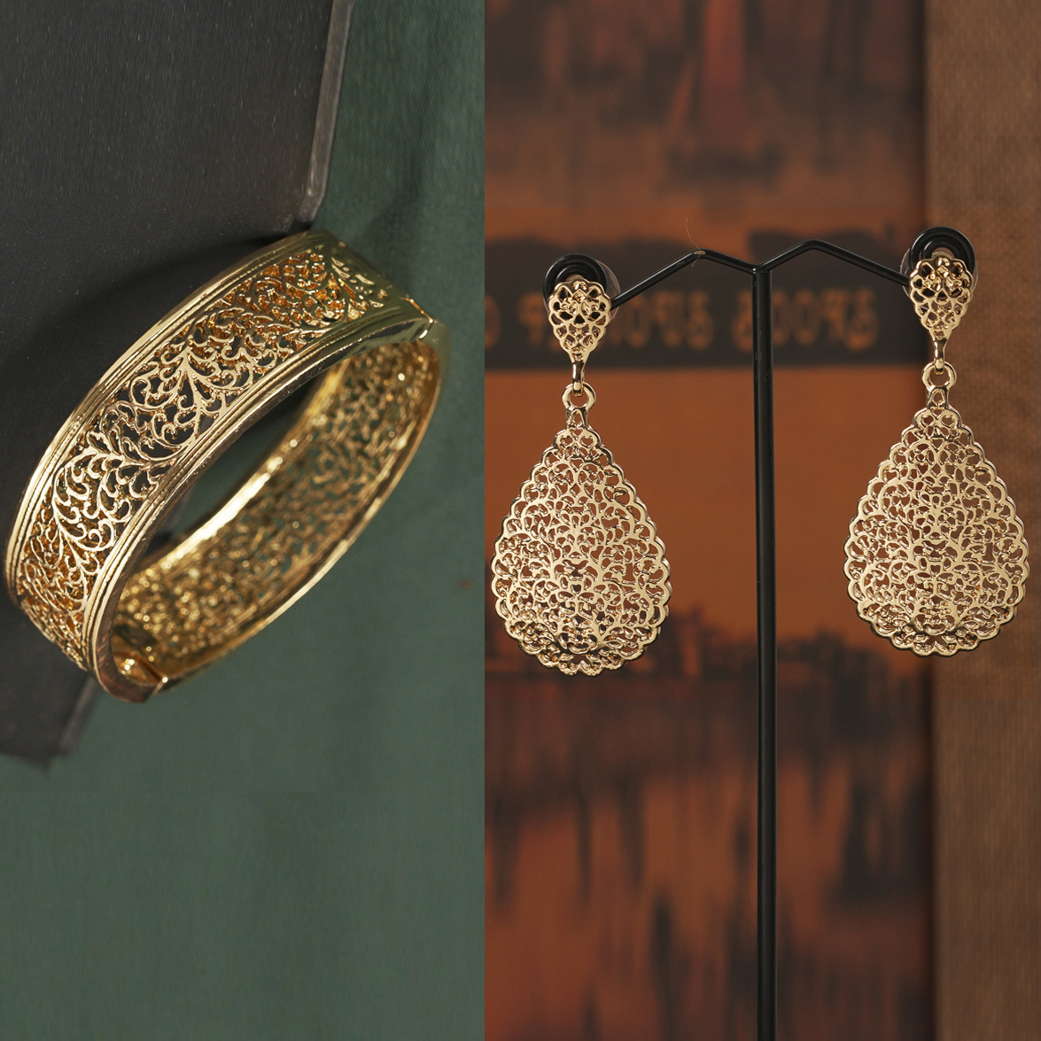Gold Plated Bracelet Arabic Earrings Pendant Middle Eastern Women's Leaf Hollow Flower Drop Earrings Arabic Jewelry Bridal Gift