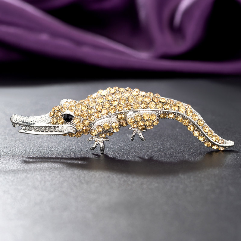 Zlxgirl Cool crocodile animal Brooches for men's Jewelry White Rhinestone Crystal Hijab Pins and Scarfs Clip men's jewelry