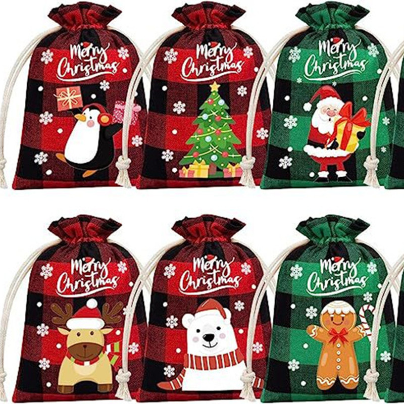 6Pcs/Lot Christmas Gift Bag 51*41cm*3Pcs+ 41*32cm*3Pcs Snowflake Stocking Cotton&Linen Green Tree Drawstring Bag Printed Socks