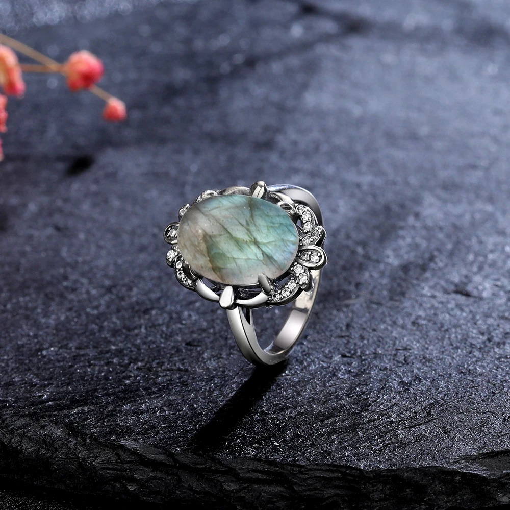 New Style 925 Sterling Silver Rings Natural Turquoise Lapis Lazuli Ring Luxury Fine 10*14MM Moonstone Labradorite Jewelry Gift