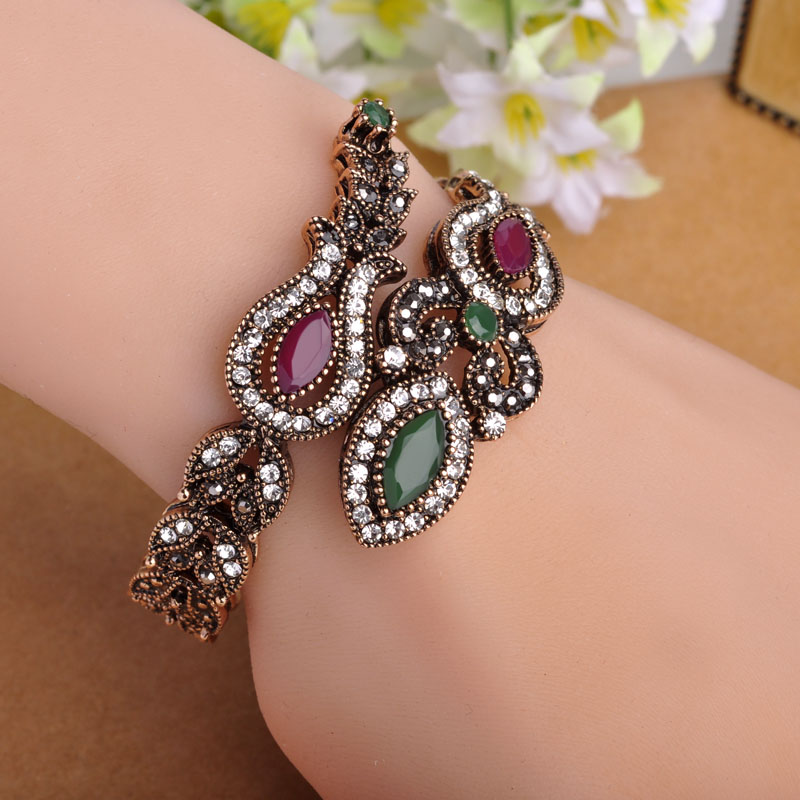Blucome Latest Vintage Women Party Bangles Red Acrylic Resin Tulip Flower Bracelets Full Crystal Turkish Bijuterias Hand Jewelry