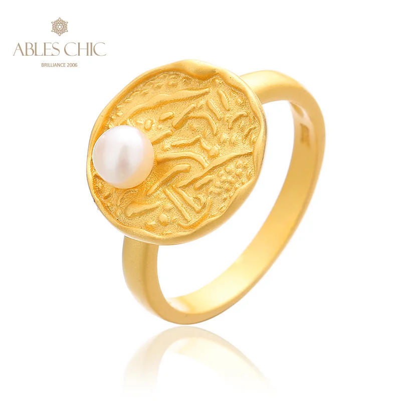 AC 5A Freshwater Pearl 4-4.5mm Accent Solitaire Pattern Coin Matt 18K Gold Tone Solid 925 Silver Disc Ring RN1015