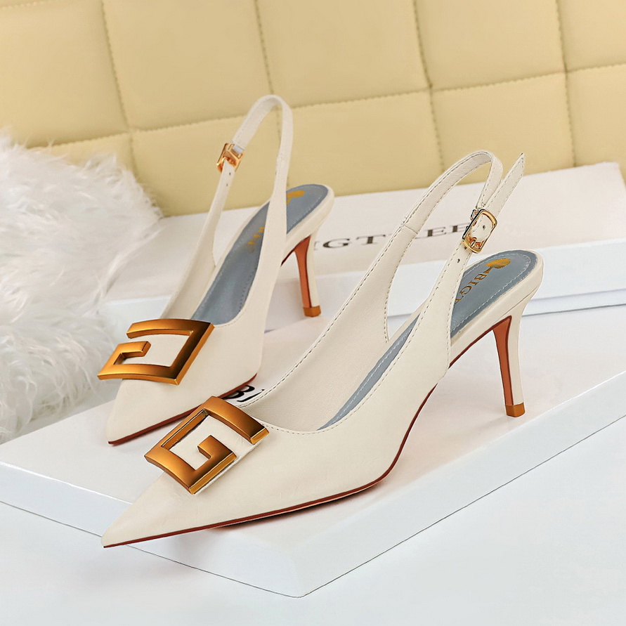 Metal Square Buckle Kitten Heels 7 Cm Sexy Party Shoes Black Green White Woman Pumps Middle Heel Shoes For Women Sandals Size 43