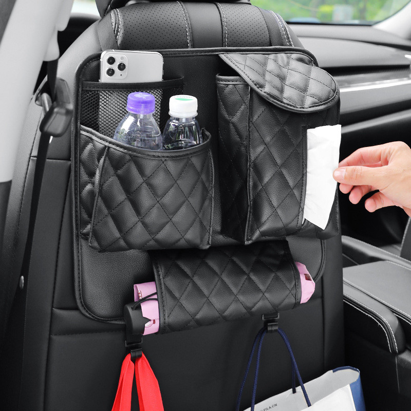 Car Seat Back Organizer Bag PU Leather Auto Storage Nets Mutil-pockets For Phone,Tissue,Water Bottle With 2 Hangers Bracket