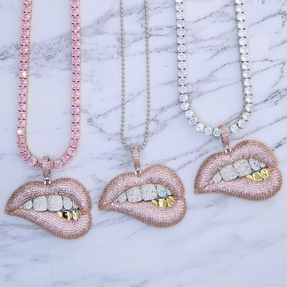 Hip Hop ice Big Pendant Micro Pave Pink Cz White Yellow Tooth 5A Zirconia Tennis Chain Drip Lip Pendant Necklace