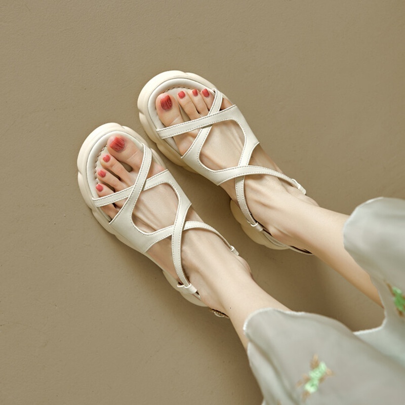 NEW Summer Round Toe Thick Heel Split Leather For Women Narrow Band Handmade Shoes Platform Sandals