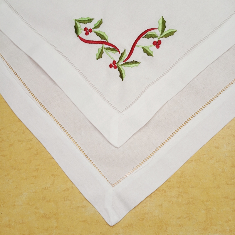 Set of 12 Handkerchiefs Dinner Napkins White Hemstitched linen Table Napkin with Color Embroidered Floral Tea Napkins 20X20"
