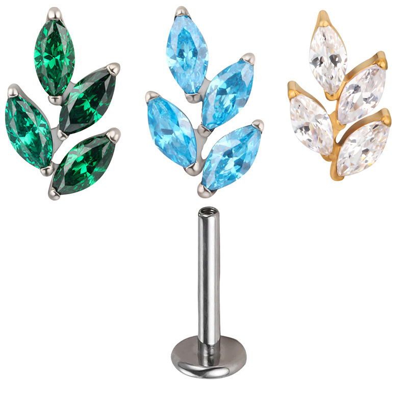 ASTM F136 Titanium EAR PIERC Leaf shape With CZ Top Cartilage Tragus Earrings ear Lip Helix Studs Tongue nail Piercing Jewelry