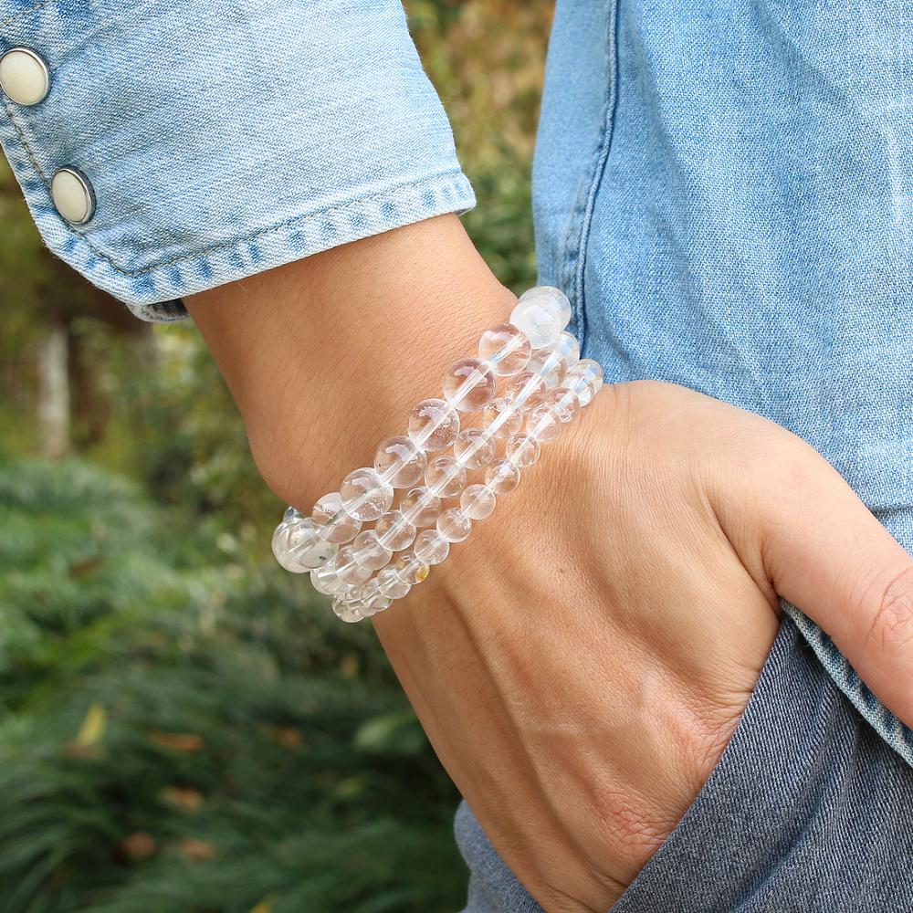 Natural White Clear Quartz Gems Stone Round Beads Handmade Stretchy Women Men Bracelet Healing Energy Gift Jewelry