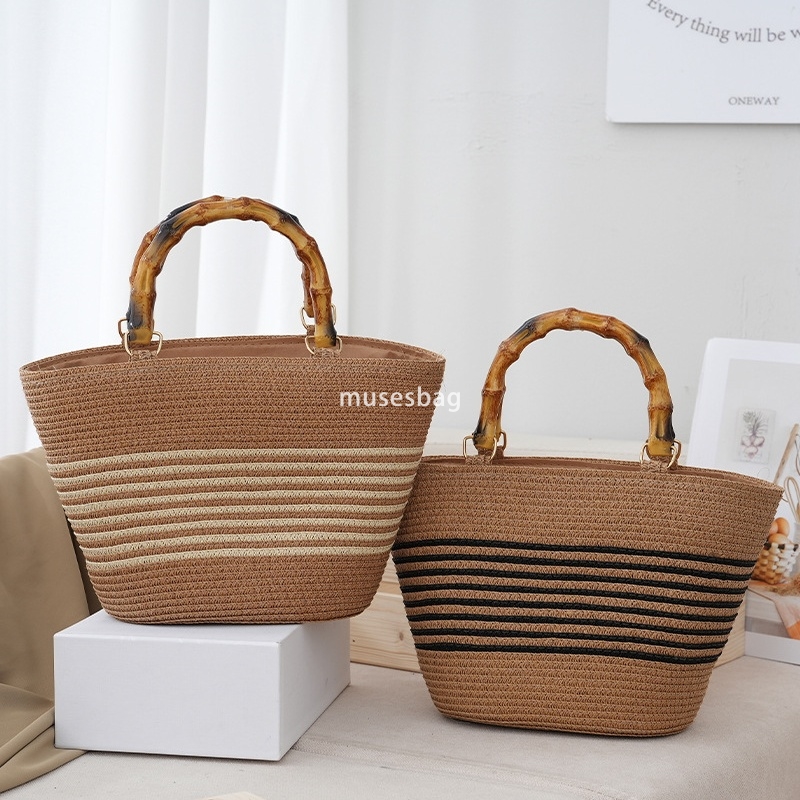 Elegant Women High Quality Popular Practical Multi functional Woven Bag New Fashion Tote Bag Spliced One Shoulder Large Capacity Bamboo Knot Handheld 