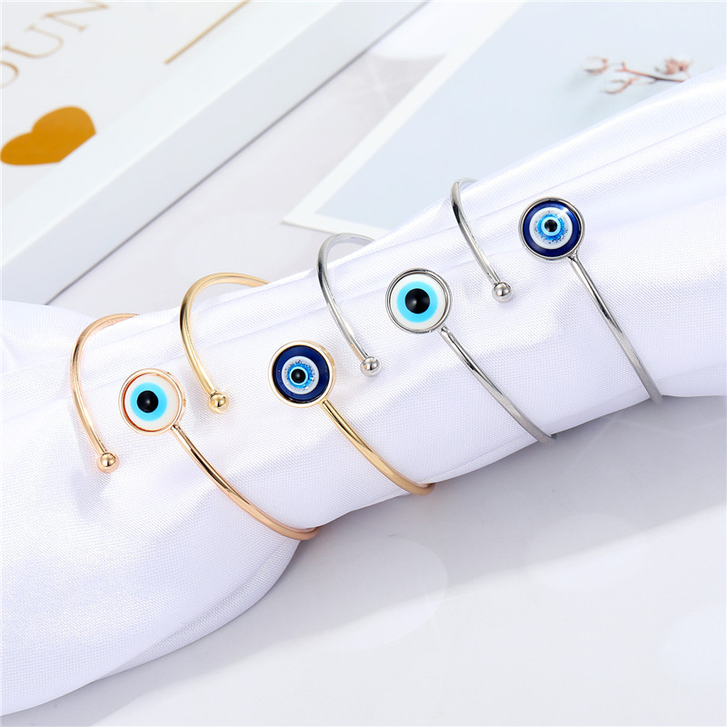 1pc Metal Blue Evil Eye Open Thin Bangle For Women Jewelry Minimalist Vintage Blingbling Round Bead Turkey Lucky Eye Bracelet