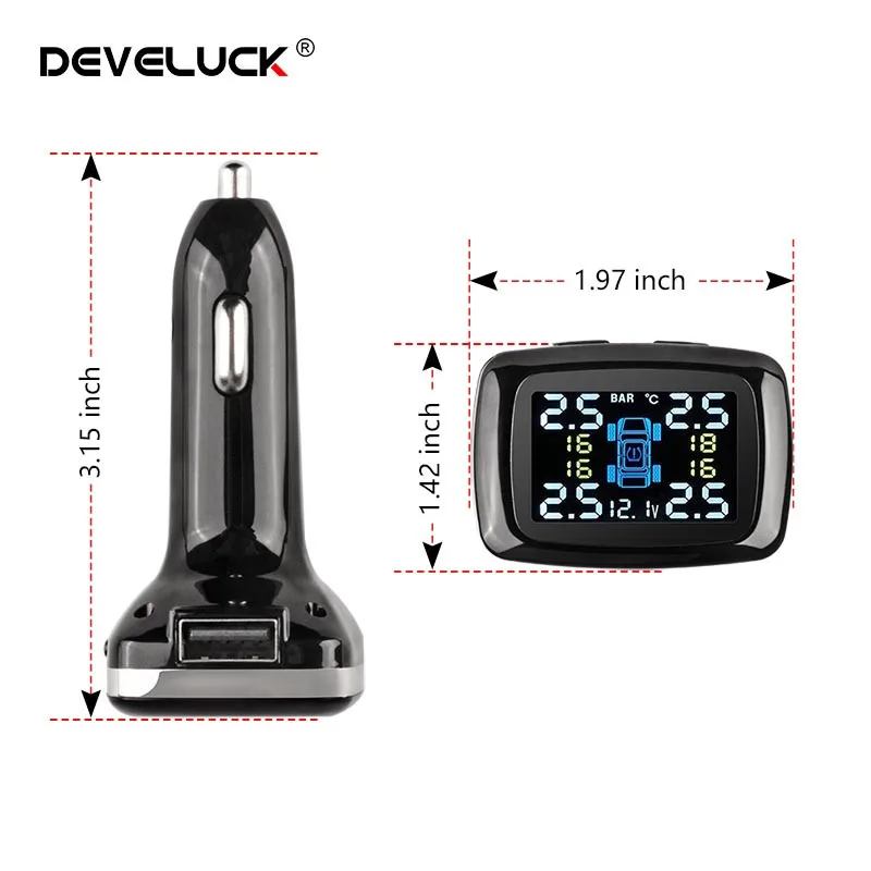 Develuck Car TPMS Cigarette Lighter Digital Tire Pressure Monitoring System USB Port Security Alarm & IP68 Waterproof Sensors