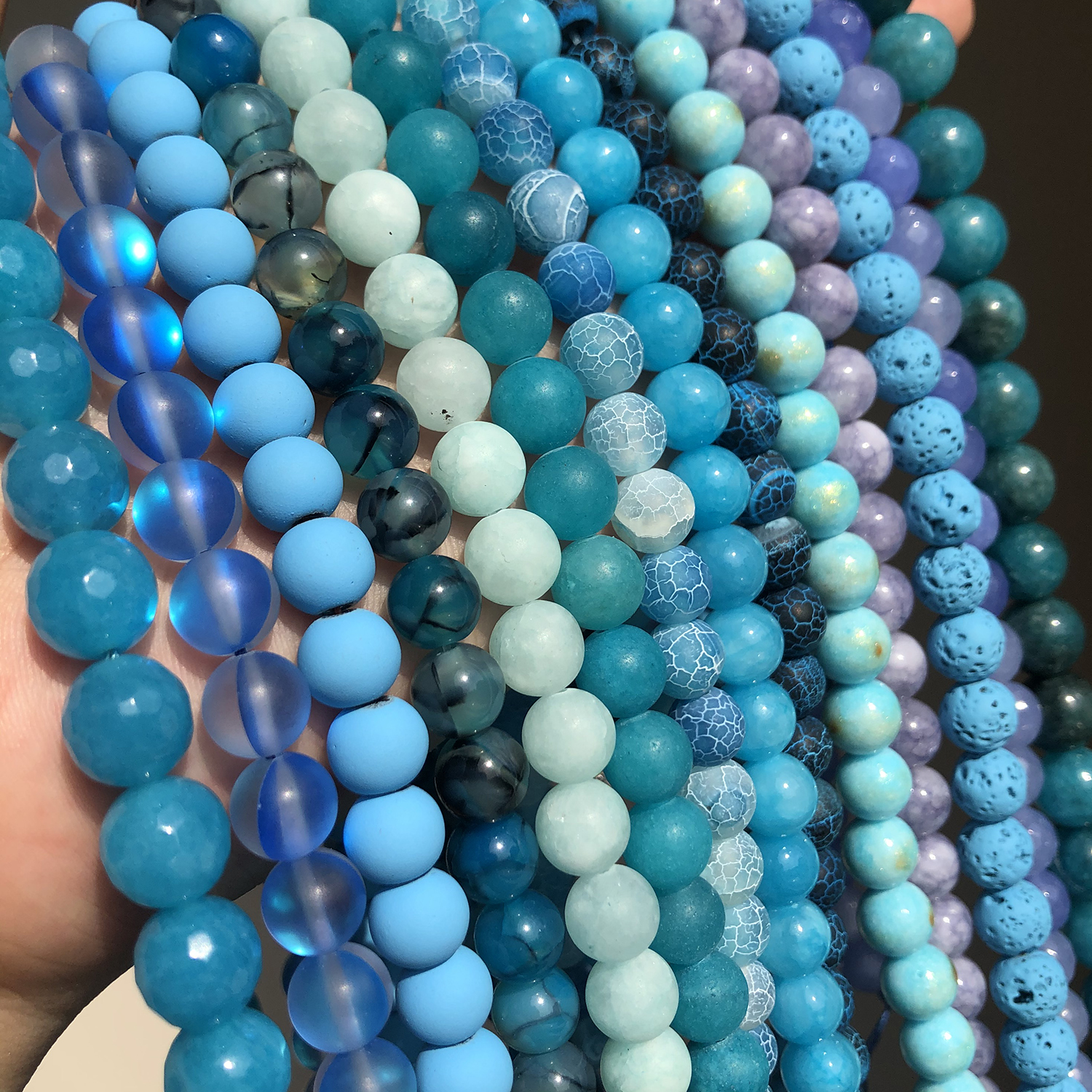 Natural Round Beads Blue Agates Jades Turquoises Rondelle Crystal Loose Stone Beads for Jewelry Making Bulk DIY Bracelet 15''
