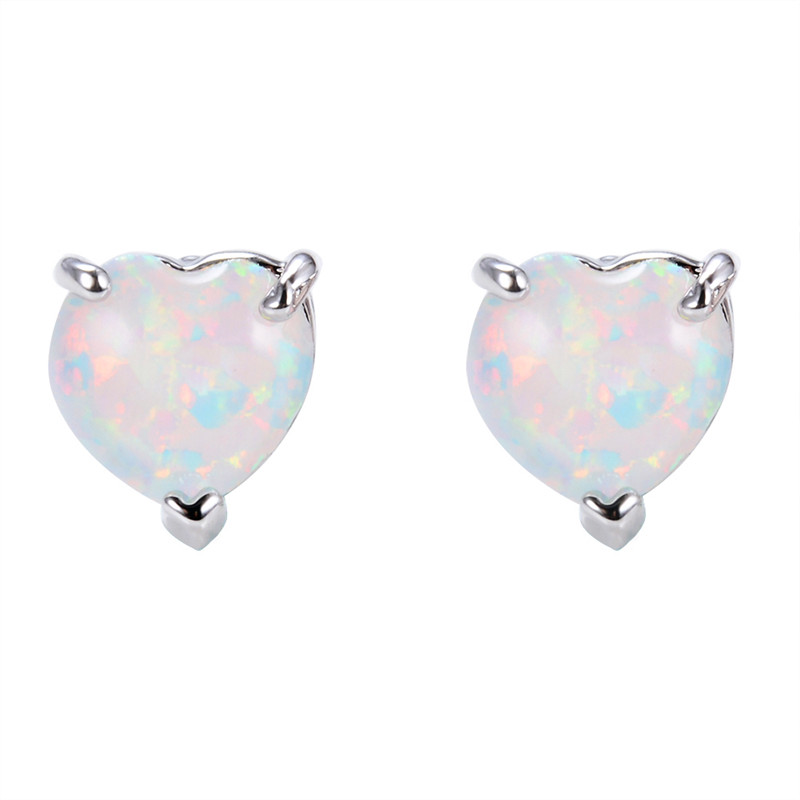 Cute Female White Blue Green Opal Stud Earrings Silver Color Heart Wedding Boho Small Double For Women