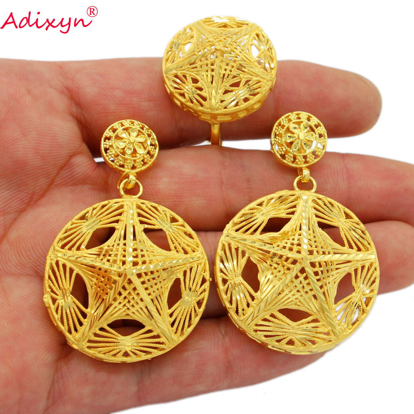 Adixyn Dubai Collares Necklace/Earrings/Ring Jewelry Set for Women 24K Gold Color African Arab Bridal Wedding Gifts N122718