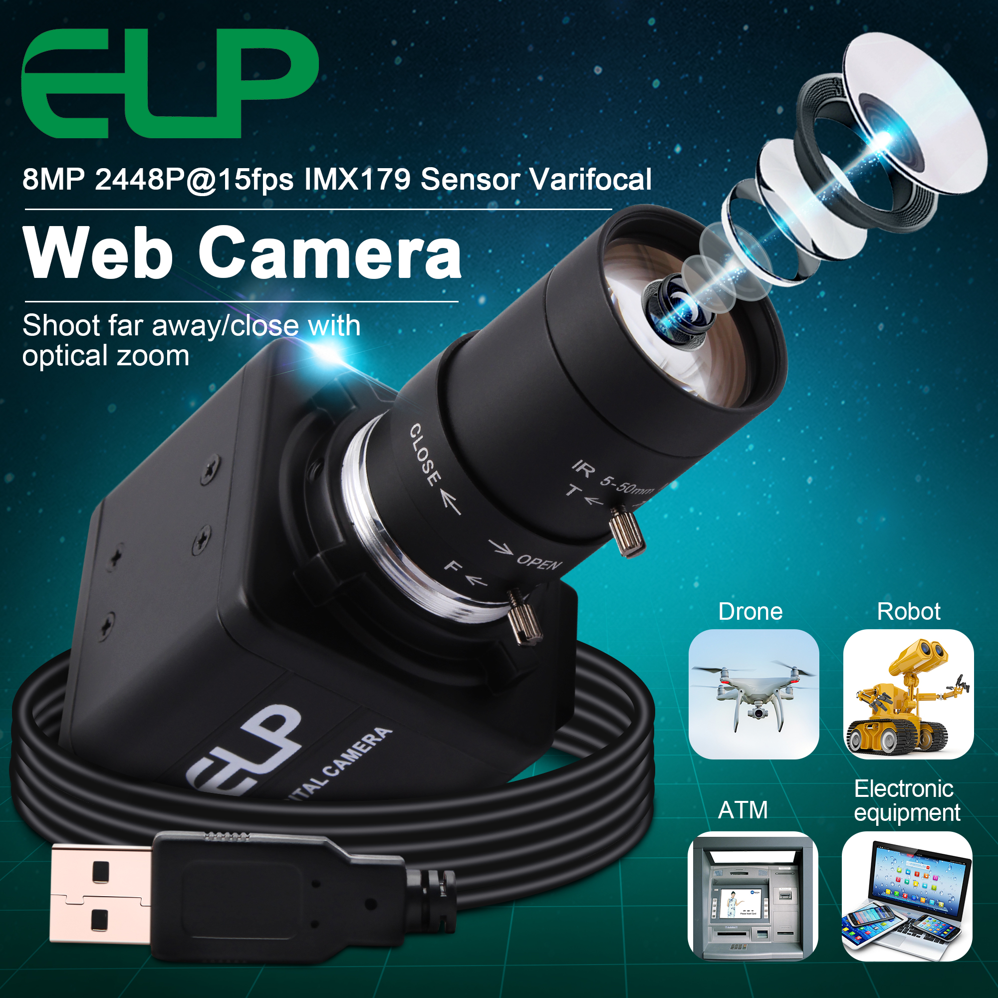 8Megapixel CCTV Varifocal 5-50mm Lens IMX179 PC Web Cam Windows,Android,Linux Raspberry Pi PC Webcam 8mp Mini USB Camera