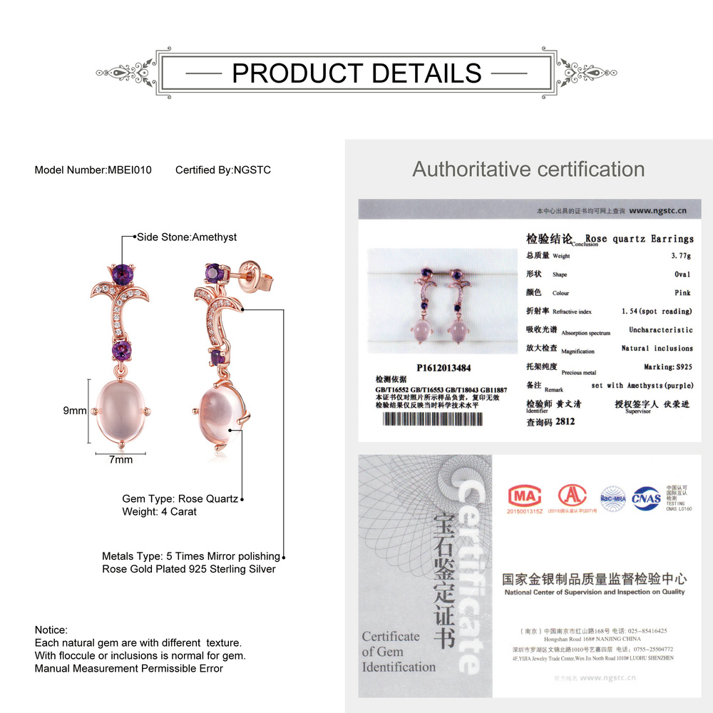 MoBuy MBEI010 Oval Natrual Gemstone Rose Quartz Drop Earrings 925 Sterling Silver Gold Plated Amethyst Fine Jewelry For Women