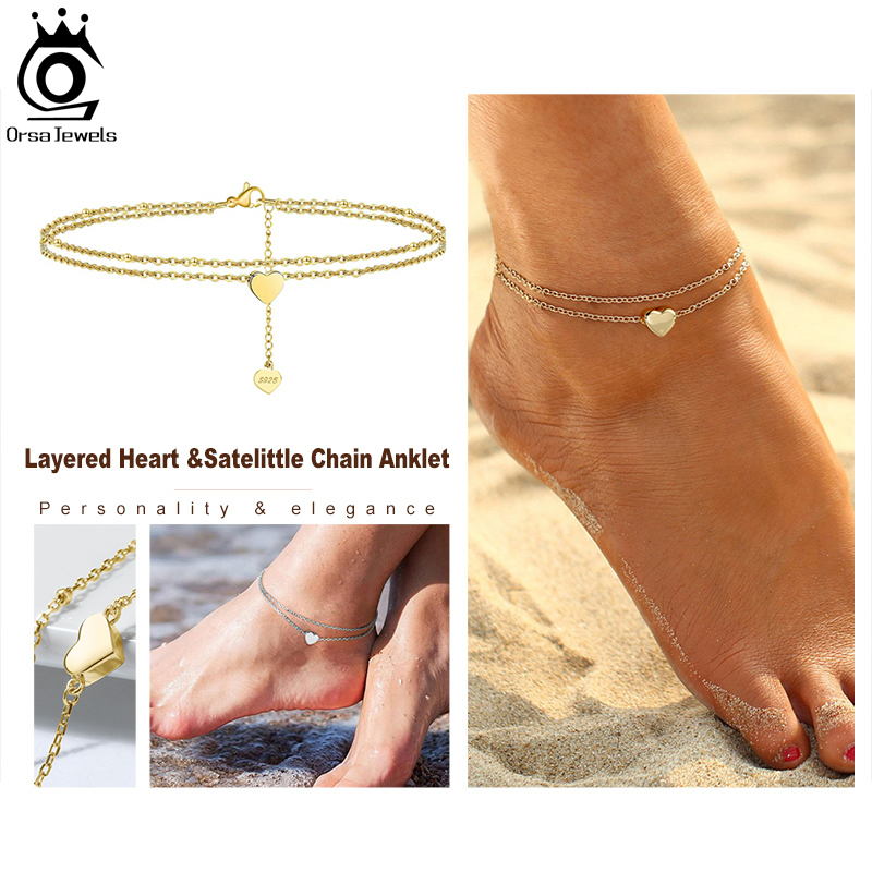 ORSA JEWELS 925 Sterling Silver Women Heart & Satellite Layered Chain Anklet Summer 14k Gold Foot Bracelet Leg Jewelry SA17