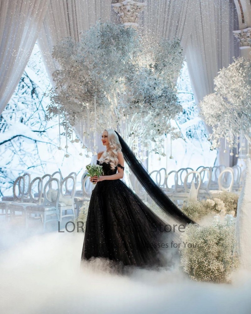 LORIE Black Wedding Dresses Glitter Bride Gown with Off Shoulder Ball Gown Sweetheart Lace Wedding Gown Plus Size