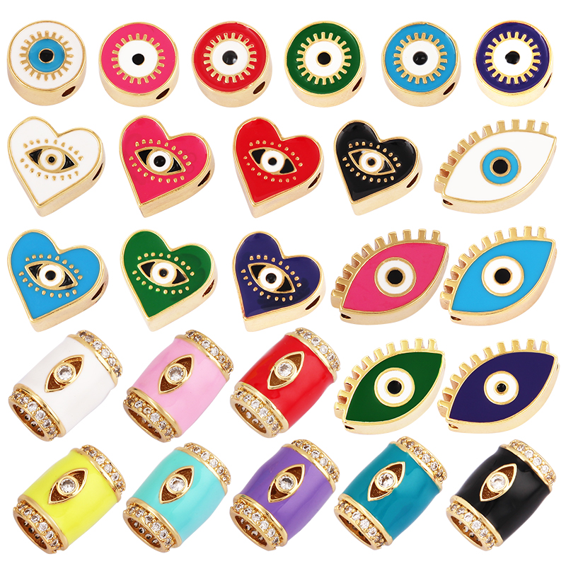 Enamel Blue Turkish Evil Eye Heart Round Bead,12mm Gold Brass Colourful Bracelet Components Accessories Wholesale Supplies L76